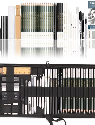 54Pcs Skisse Blyanter Sett Trecase Blyantblyanter Tegneblyanter 5H 2H HB Skisse Profesjonelle Nummererte Sorte Tre Metall Blyanter 54 Kunst Tegning Utforming  Skyggelegging Tilbake til Skolen Gave