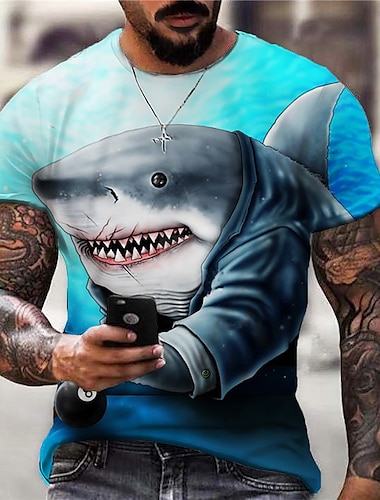  Men\'s Unisex T shirt Tee Shark Graphic Prints Crew Neck Blue Short Sleeve 3D Print Outdoor Street Print Tops Sports Designer Casual Big and Tall / Summer / Summer