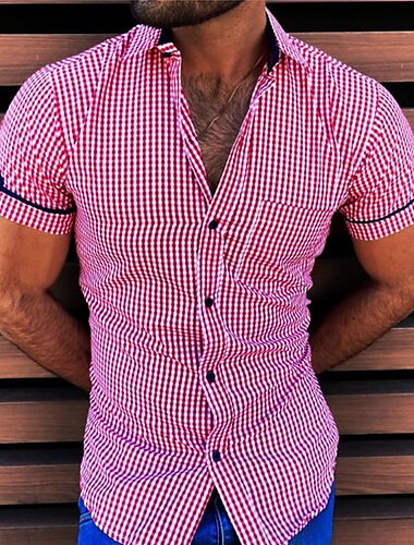  Men\'s Shirt Plaid / Check Turndown Pink Short Sleeve Street Daily Button-Down Tops Fashion Casual Breathable Comfortable / Beach