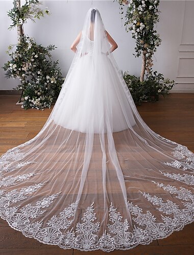  One-tier Lace Applique Edge / Lace Wedding Veil Cathedral Veils with Embroidery / Appliques / Paillette 118.11 in (300cm) Tulle dress to impress 2025