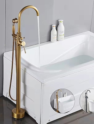  Vintage Bathtub Faucet Floor Mount, Bath Tub Filler Mixer Tap Freestanding with Heldhand Showerhand, 360 Swivel High Arc Spout Standing Shower Faucet