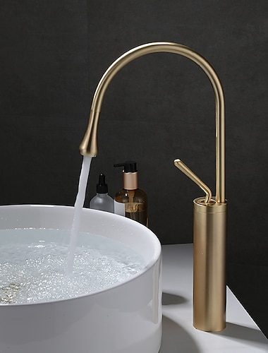  Bathroom Sink Mixer Faucet Brushed Gold Tall Deck Mounted, High Arc Vessel Tap Single Handle One Hole Standard Spout Wahsroom Basin Taps with Cold and Hot Water Hose