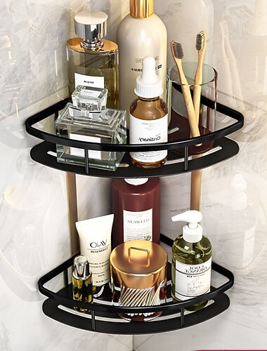 zuhanykabin fürdőszoba sarokpolc fürdőszoba zuhanykabin rendszerező konyhai WC-hez fúrás nélkül 2 szintes fürdőszoba sarokpolcok zuhanykabinok (fekete&amp;aranysárga)