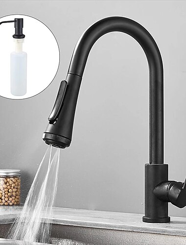  Kitchen Faucet with Sprayer,Matte Black Brass 4-Function Single Handle One Hole Button Design Pull-out / Pull-down Centerset Contemporary Kitchen Taps(with Soap Dispenser)