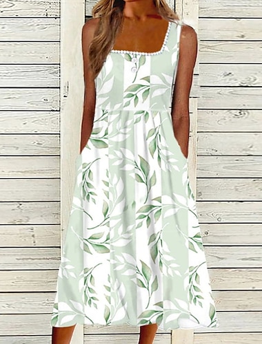 Women\'s Casual Dress Midi Dress Green Sleeveless Print Ruched Summer Spring Square Neck Stylish 2023 S M L XL XXL 3XL