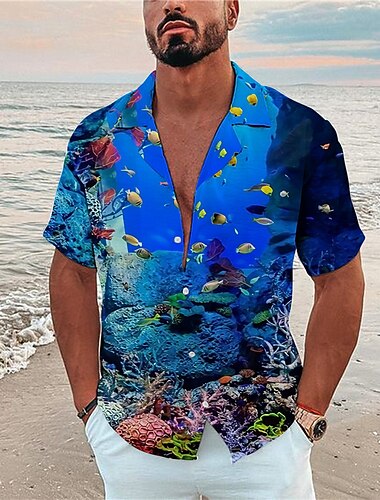  Herren Hemd Camp-Shirt Grafik-Shirt Aloha-Shirt Landschaft Unterwasserwelt Umlegekragen Blau 3D-Druck Outdoor Strasse Kurzarm Button-Down Bedruckt Bekleidung Modisch Designer Casual Atmungsaktiv