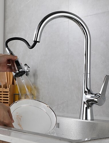 kjøkkenkran med sprøyte, uttrekkbar 3-funksjonsknappdesign enkelthåndtak ett hull høy høy bue moderne moderne kjøkkenkraner