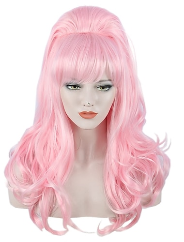  lång vågig rosa peruk big bouffant bikupa peruker för kvinnor passar 50-tals 80-tals halloweenperuk