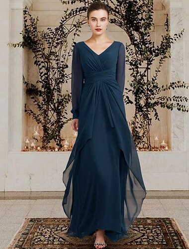  A-Line Mother of the Bride Dress Wedding Guest Elegant Plus Size V Neck Floor Length Chiffon Long Sleeve with Ruched Ruffles Side-Draped 2024