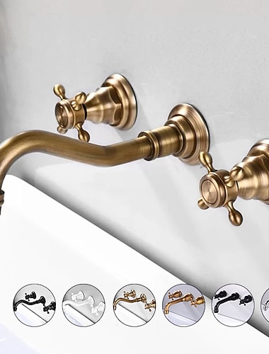  rubinetto miscelatore lavabo a parete, rubinetti per lavabo diffusi ottone vintage 2 maniglie 3 fori lavabo lavabo rubinetto con tubo acqua calda fredda retro antico