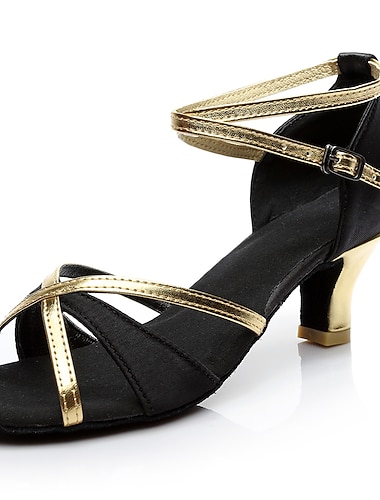  Women\'s Black and Gold Satin Dance Shoes with Soft Suede Sole – Strappy High Heel Sandals for Ballroom, Salsa, and Latin Dance