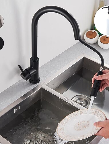  Kitchen Sink Mixer Faucet with Pull Out Sprayer, Stainless Steel Rotatable Vessel Tap, Rainfall/Waterfall Mode Spray Faucet, Black&Silver Kitchen Faucet Tap with Soap Dispenser