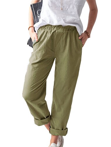 Women\'s Chinos Slacks Pants Trousers Linen Lake blue yellow-green Blue Mid Waist Fashion Streetwear Daily Weekend Pocket Full Length Breathable Plain S M L XL XXL