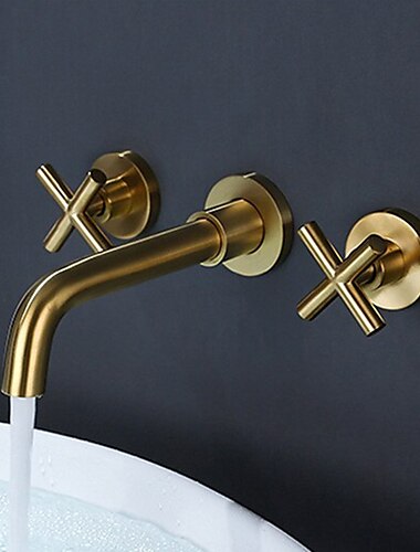  Wall Mount Bathroom Sink Mixer Faucet, Washroom Basin Brushed Gold Faucet Brass Basin Mixer Taps and Rough in Valve Included with Double Handle for Vessel Water Tap