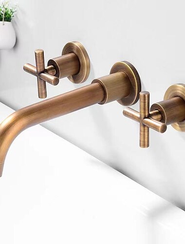  muurbevestiging badkamer wastafel mengkraan, wasruimte wastafel geborsteld goud kraan messing wastafelmengkranen en ruw in klep inbegrepen met dubbele handgreep voor vatwaterkraan