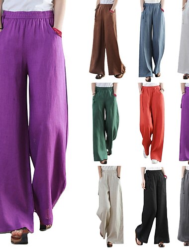  Women\'s Culottes Wide Leg Pants Trousers Straight Linen / Cotton Blend Green Blue Purple High Waist Casual / Sporty Oversized Casual Daily Micro-elastic Full Length Breathable Chinese Style S M L XL