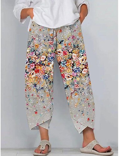  Women\'s Chinos Pants Trousers figure 1 figure 2 image 3 Mid Waist Fashion Casual Weekend Side Pockets Print Micro-elastic Ankle-Length Comfort Flower / Floral S M L XL 2XL / Loose Fit