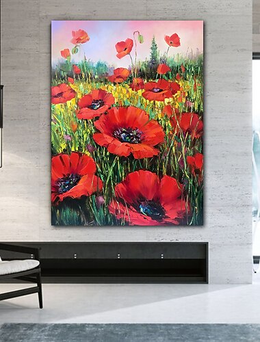 Pintura al óleo hecha a mano, lienzo, decoración de arte de pared, cuchillo abstracto, pintura de flores rojas para decoración del hogar, pintura enrollada sin marco sin estirar