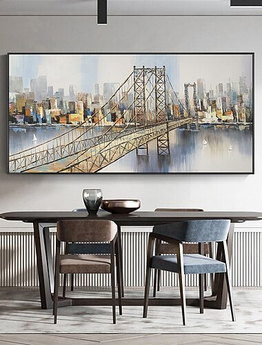 pictură în ulei realizată manual, artă de perete pânză decor original oraș pictură pod de fier arhitectură abstractă pictură pentru decor interior pictură rulată fără cadru neîntins
