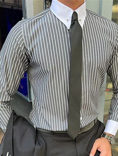 男性用 ドレスシャツ ボタンダウンシャツ 襟付きのシャツ フレンチカフシャツ ストライプ 折襟 ブラック グレー 結婚式 ワーク 長袖 ボタンダウン 衣類 ファッション ビジネス カジュアル 快適 のレビュー