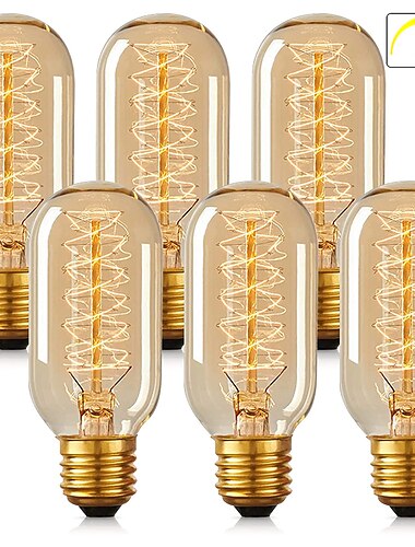  8pcs 6pcs T45 Vintage Edison Incandescent Light Bulb 40W Dimmable Antique Tubular Filament Warm White E26/E27 Amber Lamp for Home Light Fixtures Decorative AC220V AC110V