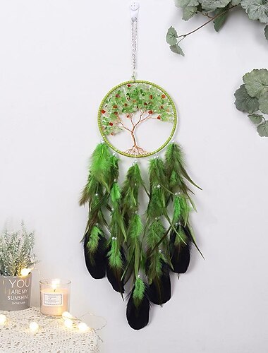 Życie drzewa zielony łapacz snów ręcznie prezent pióro hak dzwonek wietrzny ozdoba ozdoba do powieszenia na ścianie sztuka styl boho 16*70 cm)