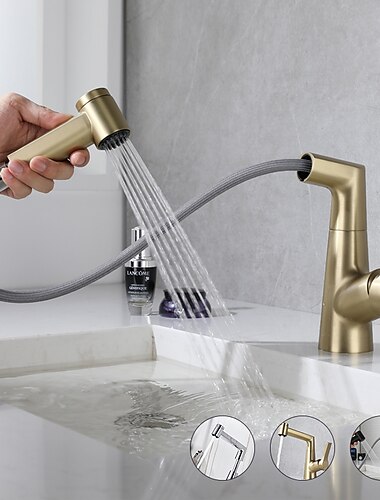  Bathroom Sink Faucet with Pull Out Spray,Brass Liftable 3-modes Electroplated / Painted Finishes Centerset Single Handle One Hole Lavatory Rotating Spout for Cold and Hot Water Bath Taps
