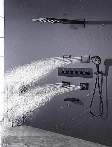  Shower Faucet,Rainfall Shower System 5-Function Thermostatic Mixer valve Body Jet Massage Set Rainfall Shower Multi Spray Shower Waterfall Contemporary Painted Finishes Mount Inside Brass Valve