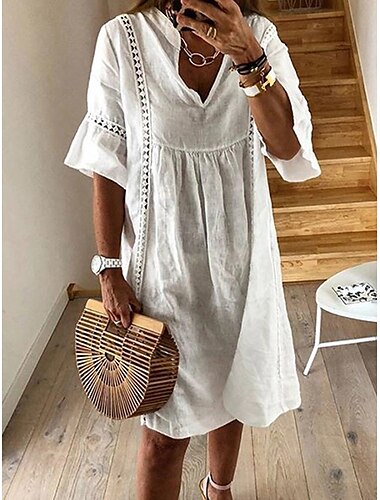  Women‘s Shift Dress Knee Length Dress Green White Dusty Blue Half Sleeve Pure Color Cotton Hollow Out Spring Summer V Neck Basic Casual Loose 2023 S M L XL XXL 3XL