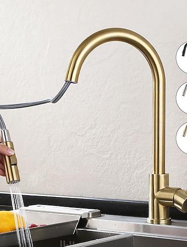  Kitchen Sink Mixer Faucet Stainless Steel with Pull Out Sprayer, 360° Rotatable Multi-function Pull Down Single Handle Kitchen Vessel Tap Brushed Gold Finish