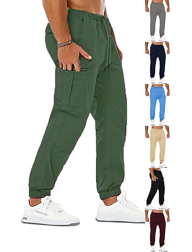 Men\'s Cargo Pants Casual Pants Drawstring Elastic Waist Multi Pocket Solid Color Soft Full Length Sports Outdoor Cotton Blend Casual / Sporty Athleisure White Black