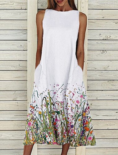  Women\'s Casual Dress Midi Dress White Sleeveless Floral Pocket Spring Summer Crew Neck 2022 S M L XL XXL 3XL