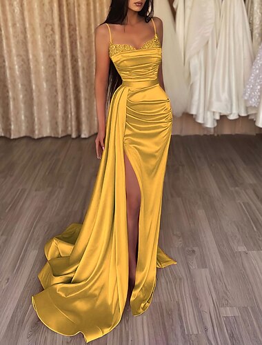  Mermaid / Trumpet Evening Gown Sparkle Prom Dress Wedding Guest Ruched Sweep / Brush Train Sleeveless Spaghetti Strap Satin with Slit 2024