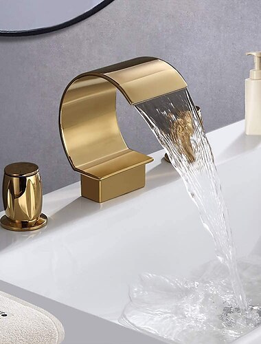  Bathroom Sink Faucet,Elegant Double Handle Arc Waterfall Spout Bathtub Filler Faucet with Three Holes Widespread Bathroom Faucet Gold/Matte Black