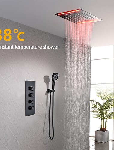 Shower Faucet,Rainfall Shower Head System / Thermostatic Mixer valve Set - Rainfall Shower Contemporary Painted Finishes Mount Inside Brass Valve Bath Shower Mixer Taps