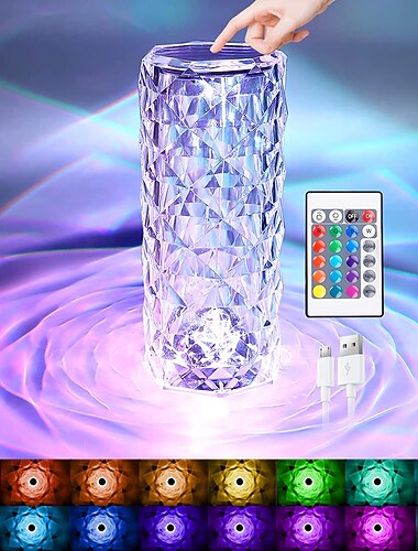 Lampe de table en cristal 16 couleurs changeantes télécommande tactile lampe de chevet moderne lampe de bureau rose rechargeable USB veilleuse pour la Saint-Valentin chambre salon dîner bar décoration