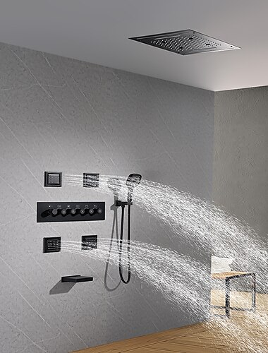  Shower Faucet,Rainfall Shower System Thermostatic Mixer valve Body Jet Massage Set - Rainfall Shower Multi Spray Shower Waterfall Contemporary Painted Finishes Mount Inside Brass Valve