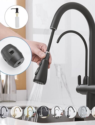  Kitchen Sink Mixer Faucet Pull Out Sprayer with Soap Dispenser, 360 swivel Black Single Handle Brass Taps Pull Down, Deck Mounted Hot Cold Water Hose Filter Tap