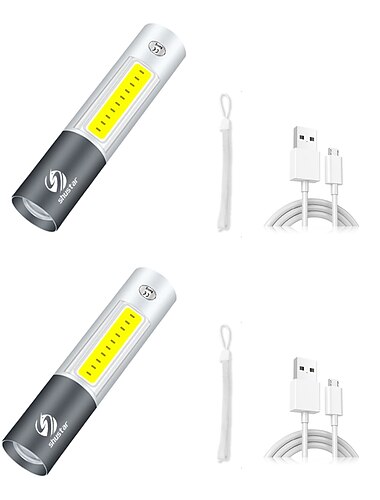 2 paket mini led ficklampa usb uppladdningsbar 3 ljusläge vattentät ficklampa teleskopisk zoom snygg bärbar kostym för nattbelysning