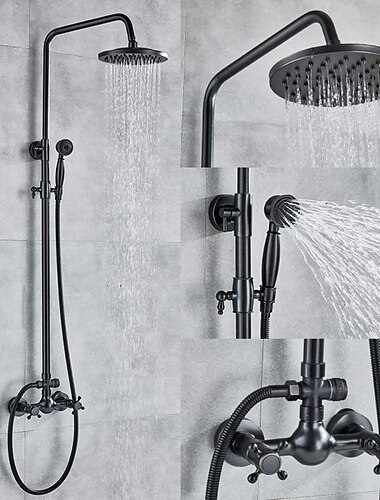 Duscharmatur, Kupfer-Duschsystem-Set, Regen, antike, ölgeriebene Bronze, zwei Griffe, drei Löcher, Badewannen-Duschmischbatterien mit Heiß- und Kaltschalter und Keramikventil Duscharmatur, Kupfer-Duschsystem-Set, Regen, antike, ölgeriebene Bronze, zwei Griffe, drei Löcher, Badewannen-Duschmischbatterien mit Heiß- und Kaltschalter und Keramikventil