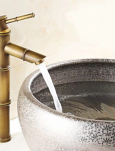  صنبور خلاط بالوعة الحمام عتيق ، نمط عتيق الطراز أحادي الكتلة حوض الحمام صنابير نحاسية بمقبض واحد مثبت على سطح السفينة ، تقليدي مع خرطوم مياه ساخن وبارد