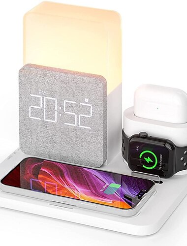 Station de charge 15 W Puissance de sortie Station de recharge sans fil MSDS UN38.3 RoHs Charge sans fil rapide 5 en 1 Horloge digitale Pour Apple Watch Mobile AirPods 2 / AirPods Pro