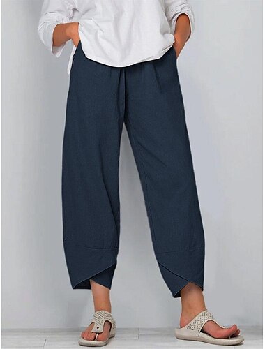 Women's Chinos Pants Trousers Linen / Cotton Blend Green khaki Navy Blue Mid Waist Fashion Casual Weekend Side Pockets Ankle-Length Comfort Plain S M L XL 2XL / Loose Fit