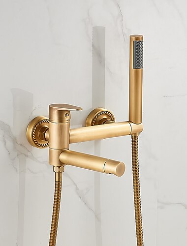 grifo de bañera vintage de doble caño montado en la pared dorado, grifo de latón mezclador de llenado de bañera con ducha manual, válvula de cerámica control de manija única
