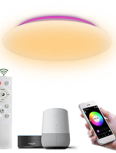 έξυπνο φωτιστικό οροφής led 12 ιντσών 28w μπροστινό ζεστό λευκό φως και πίσω χρώμα rgb που αλλάζει ενσωματωμένη εφαρμογή φωτιστικού υπνοδωματίου και χρονισμός φωνητικού ελέγχου συμβατό με alexa google
