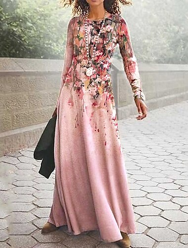 женское повседневное платье качели платье цветочное платье длинное платье макси платье розовое с длинным рукавом с цветочным принтом зима осень весна круглый вырез модное зимнее платье ежедневное