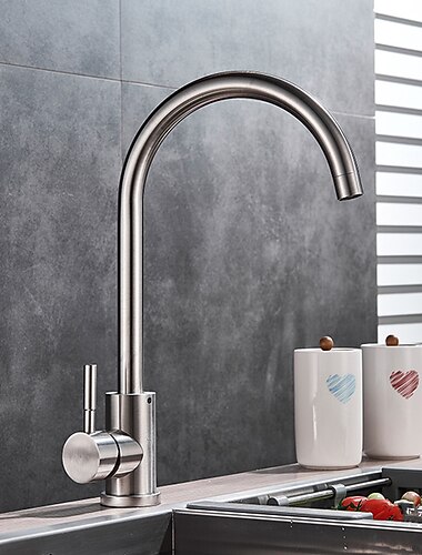 Grifo mezclador de fregadero de cocina de acero inoxidable, grifos de cocina monomando giratorios 360 montados en cubierta, con grifos de recipiente de manguera de agua fría y caliente