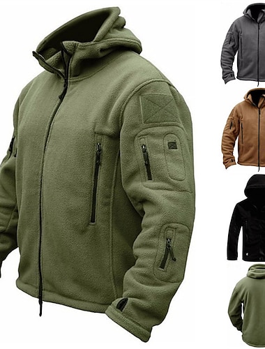 Men's Winter Jacket Winter Coat Teddy Coat Hoodied Jacket Windproof Warm Street Daily Holiday Zipper Hoodie Traditional / Vintage Casual Comfortable Jacket Outerwear Pure Color Pocket Army Green