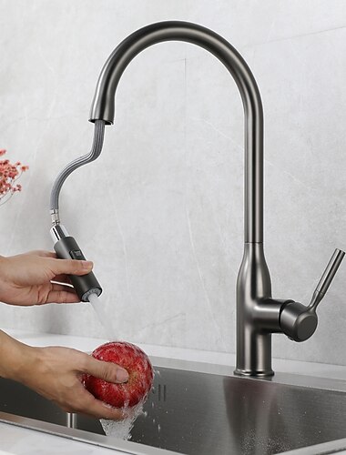 konyhai csaptelep - egyfogantyús egylyukú nikkel szálcsiszolt / galvanizált / festett felületek kihúzható / lehúzható / szabványos kifolyó / magas / magas ívű középső készlet modern, modern konyhai