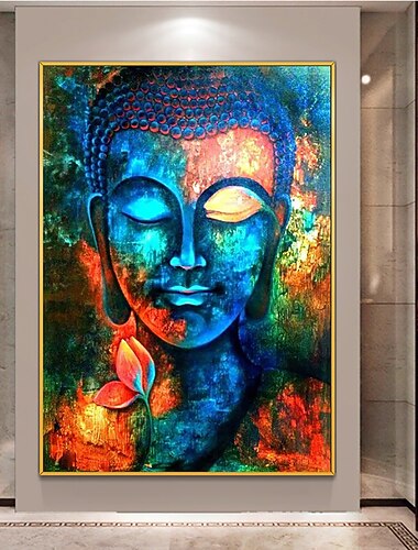 Handgefertigtes Ölgemälde auf Leinwand, Wandkunst, Dekoration, moderne asiatische religiöse Buddha-Statue für Wohnkultur, gerolltes, rahmenloses, ungedehntes Gemälde